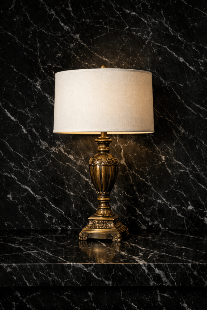 Antique brass thrift store lamp update with modern linen shade