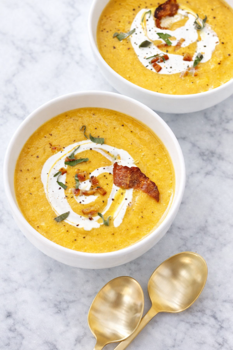 Creamy butternut squash soup topped with bacon, sage, and a swirl of cream in white bowls on a marble countertop