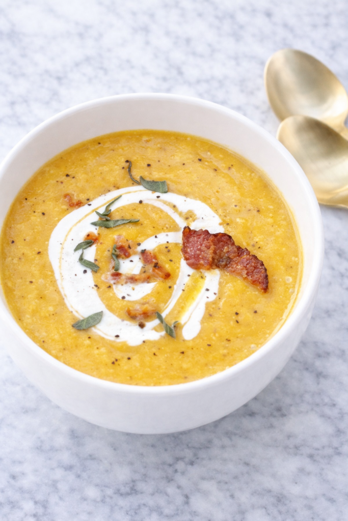 Creamy butternut squash soup with bacon, sage, and a swirl of cream in a white bowl on a marble countertop