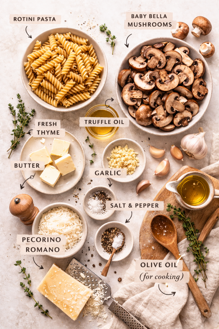 Flat lay of rotini pasta ingredients including baby bella mushrooms, truffle oil, garlic, butter, fresh thyme, and Pecorino Romano on a light neutral surface.