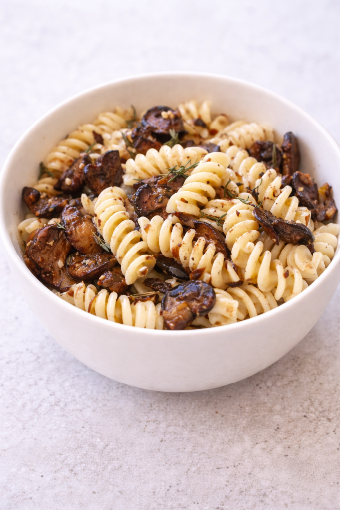 Vertical bowl of rotini pasta with sautéed mushrooms and truffle oil in a white ceramic bowl on a light neutral background.