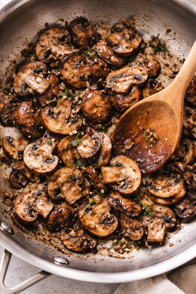 Baby bella mushrooms sautéed in a skillet with garlic, butter, and fresh thyme until golden brown.