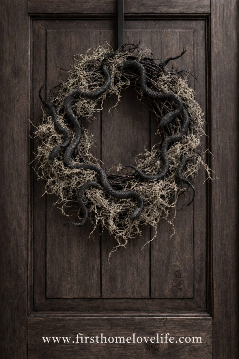 DIY snake nest wreath for Halloween made with rubber snakes and moss hanging on a dark wooden front door.