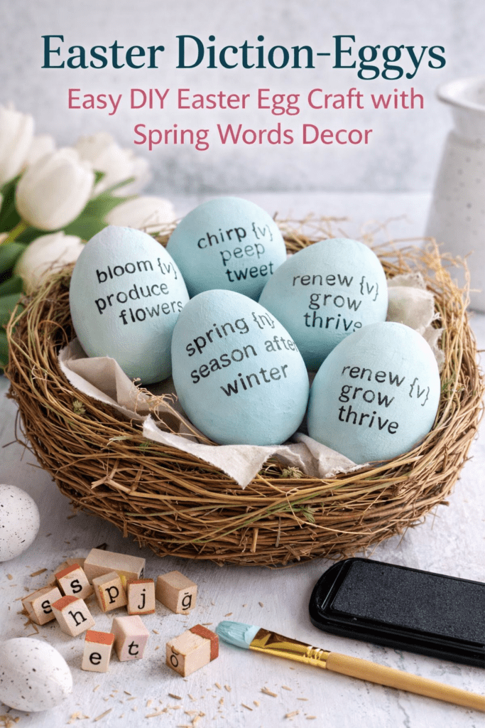 Pastel blue DIY Easter Diction-Eggys with spring words stamped on decorative eggs arranged in a rustic nest with tulips and craft supplies.