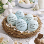 Pastel blue Easter Diction-Eggys with spring words stamped on eggs displayed in a rustic nest as part of an elegant Easter table centerpiece with tulips and bunny decor.