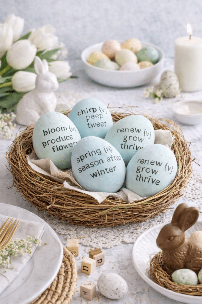 Pastel blue Easter Diction-Eggys with spring words stamped on eggs displayed in a rustic nest as part of an elegant Easter table centerpiece with tulips and bunny decor.