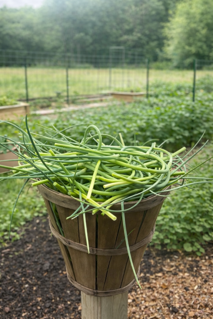 Freshly harvested garlic scapes arranged in a rustic wooden basket in a backyard vegetable garden.