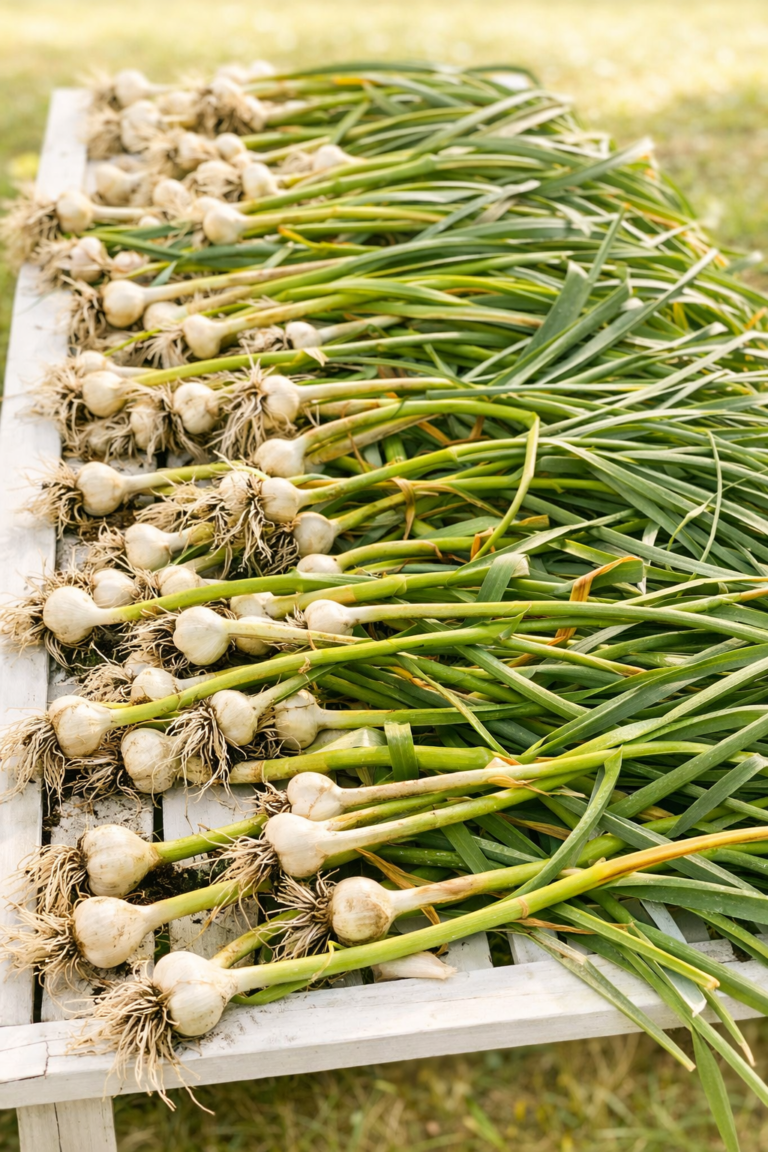 Freshly harvested garlic bulbs laid out on a drying rack outdoors to cure in the sun.