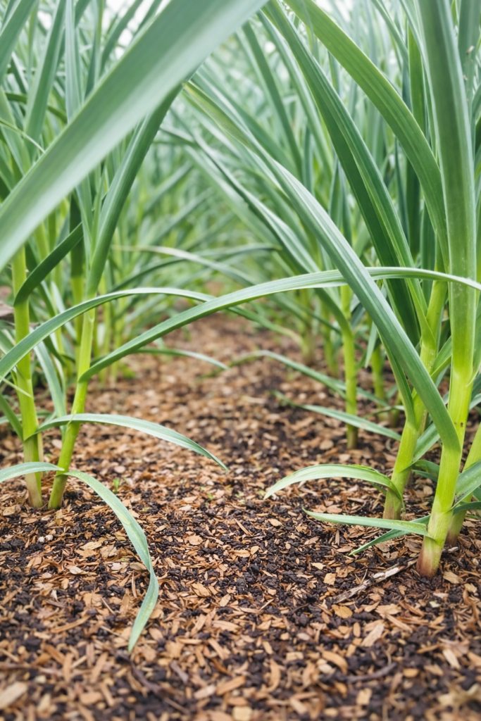 Green garlic plants growing in a mulched raised garden bed during the spring growing season.