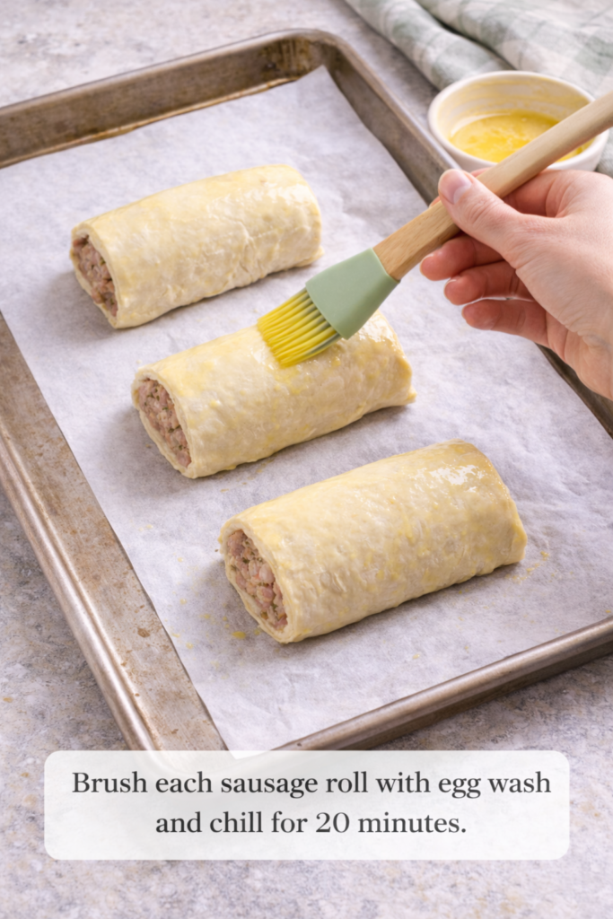 Brushing egg wash onto homemade Irish sausage rolls on a parchment lined baking sheet before baking