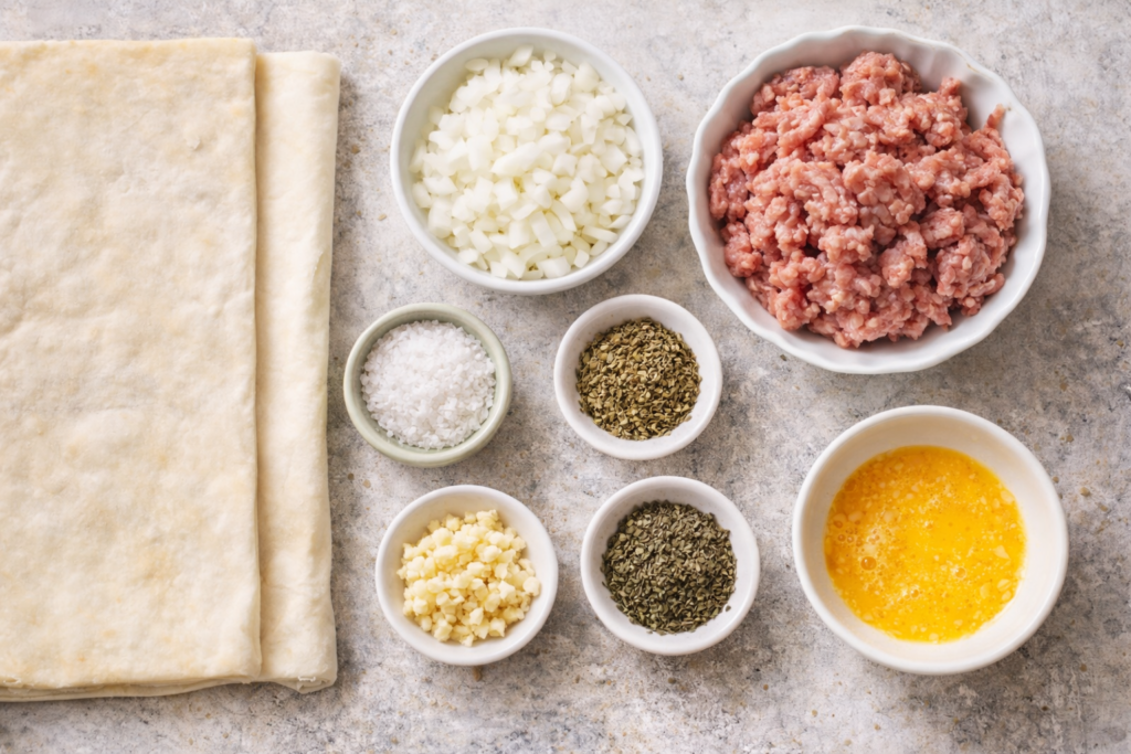 Flat lay of ingredients for Irish sausage rolls including ground pork, puff pastry, onion, garlic, herbs, salt, and egg