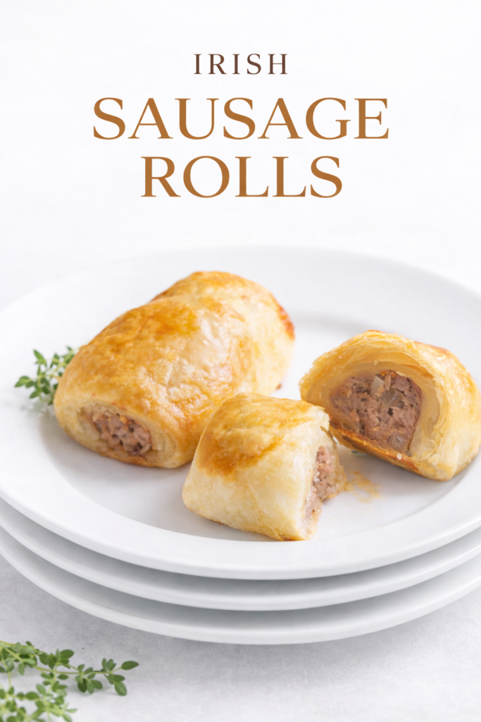Irish sausage rolls on a white plate with flaky puff pastry and savory pork filling for Saint Patrick’s Day