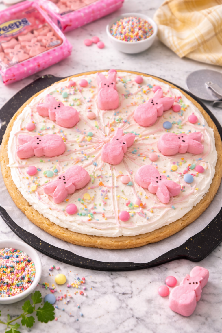 Easter Peeps sugar cookie pizza with marshmallow frosting, pink drizzle, pastel sprinkles, and Peeps bunnies on a marble surface.