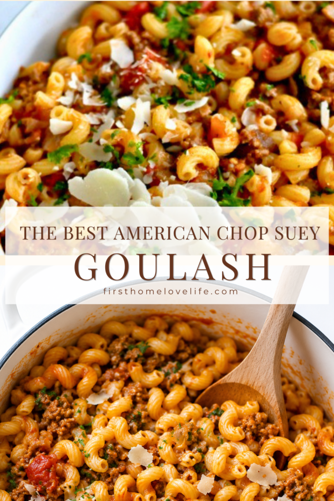 The best American Chop Suey recipe made with elbow macaroni, ground beef, tomato sauce, Parmesan cheese, and herbs in a white enamel Dutch oven. Perfect comfort food family dinner.