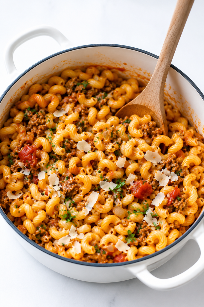 Johnny Marzetti pasta in a white enamel Dutch oven with a wooden spoon, topped with Parmesan cheese and fresh herbs on a white marble countertop.