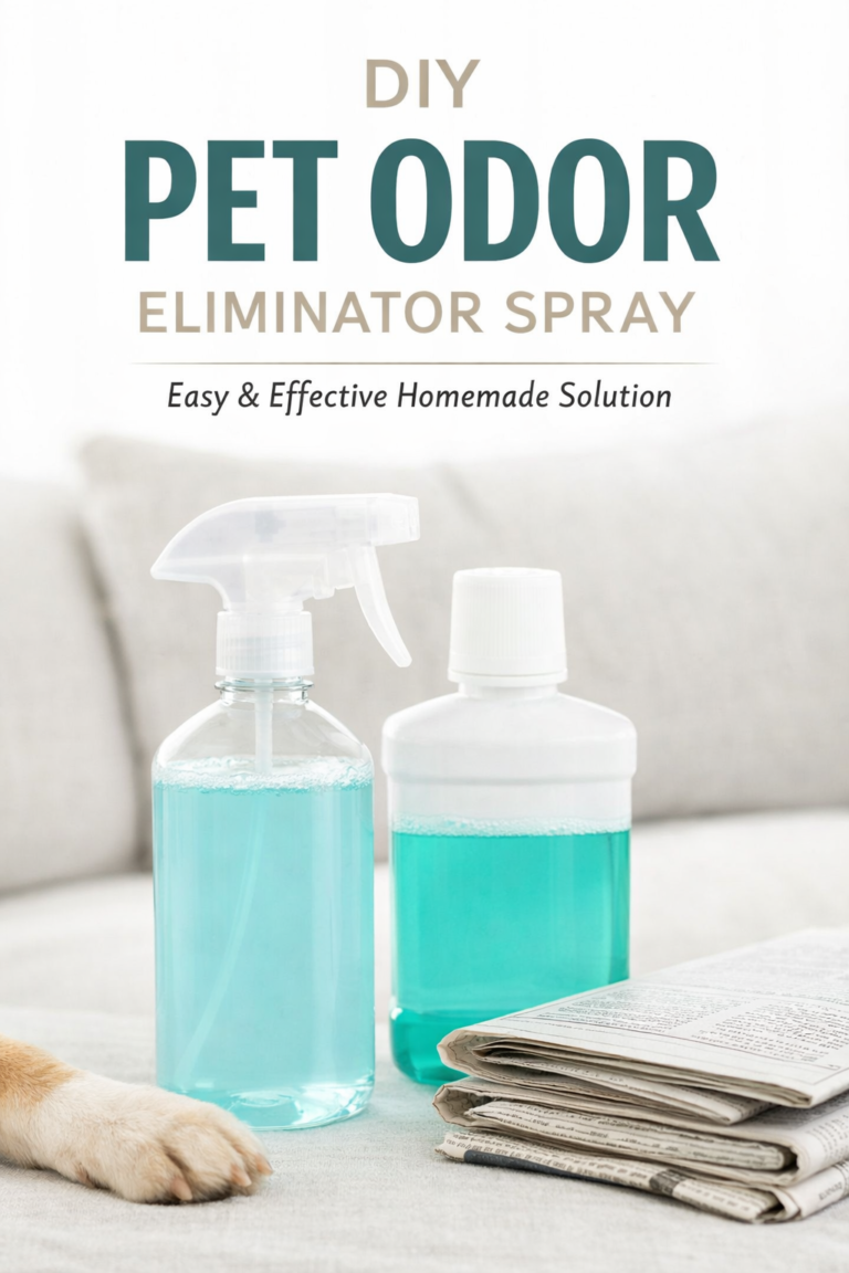 Homemade pet odor eliminator spray made with mouthwash and water in a spray bottle with newspaper on a couch