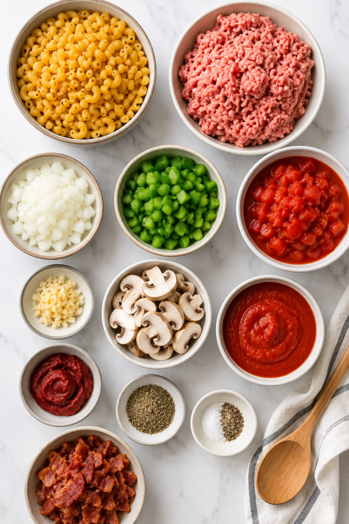 Flat lay of ingredients for Johnny Marzetti including pasta, ground meat, bacon, onions, green peppers, mushrooms, tomato sauce, diced tomatoes, tomato paste, garlic, and seasonings on a white marble countertop.