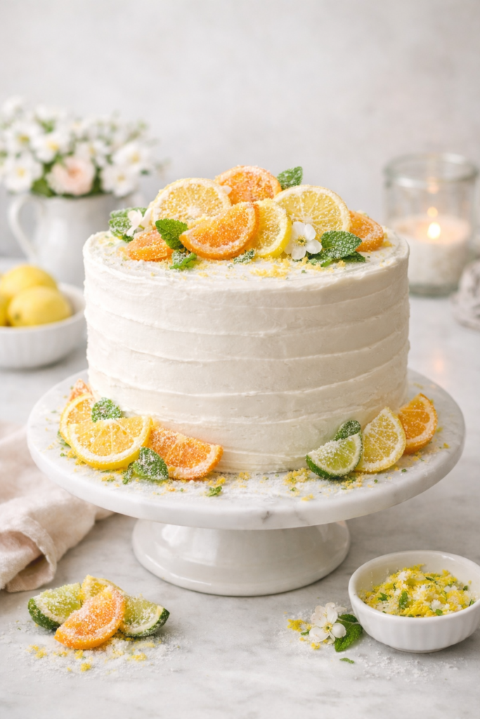 Semi-homemade vanilla cake decorated with real sugared citrus slices on a simple cake stand with a clean neutral spring background