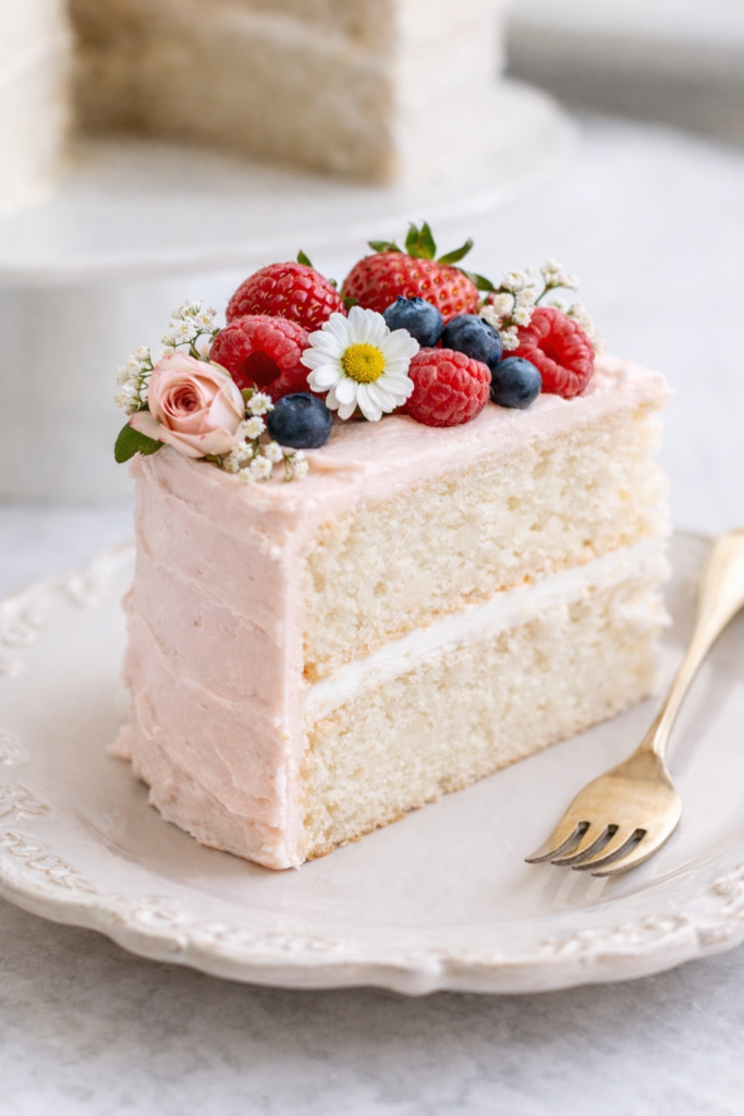 Slice of semi-homemade white cake with soft pink frosting decorated with berries and flowers on a neutral vintage plate
