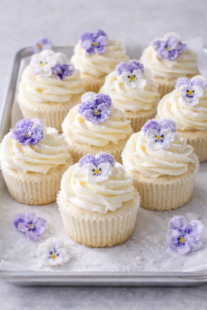 Vanilla cupcakes with white buttercream topped with sugared viola flowers arranged on a simple tray