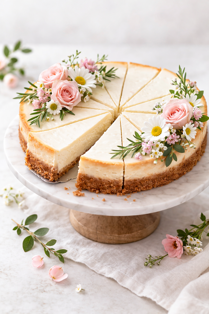 Spring-decorated store-bought cheesecake on a simple cake stand with soft florals and a clean neutral background