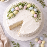 Top-down view of a messy frosted Easter cake on the counter decorated with fresh herbs and pastel candy eggs