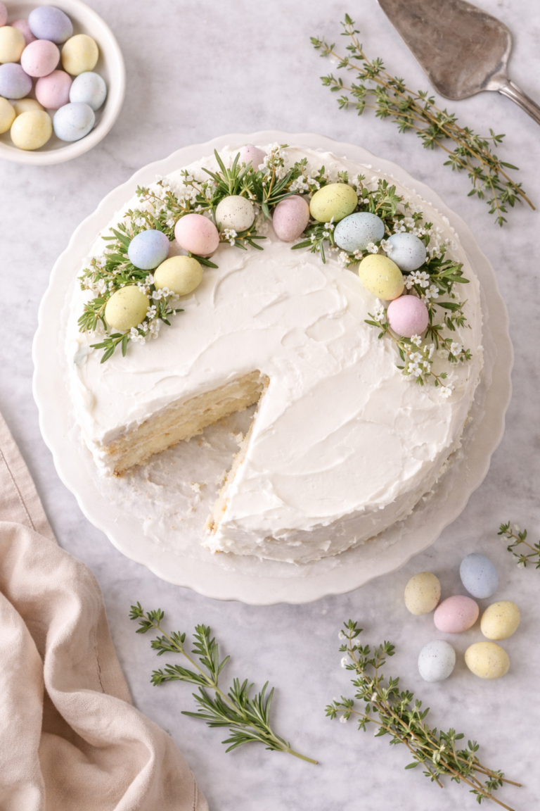 Top-down view of a messy frosted Easter cake on the counter decorated with fresh herbs and pastel candy eggs
