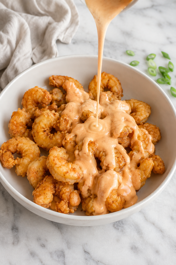 Creamy bang bang sauce being drizzled over crispy fried shrimp in a white bowl.