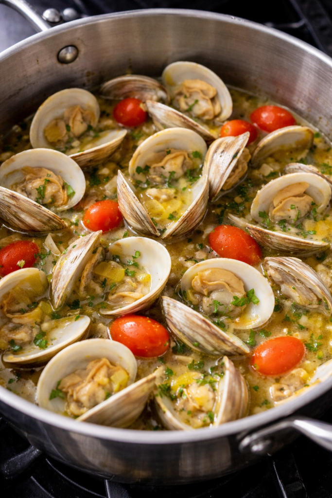 Fresh little neck clams simmering in beer and garlic butter broth in a large pot