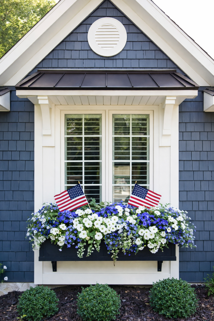 Blue and white patriotic window box with layered blue flowers and American flags on a navy cottage home