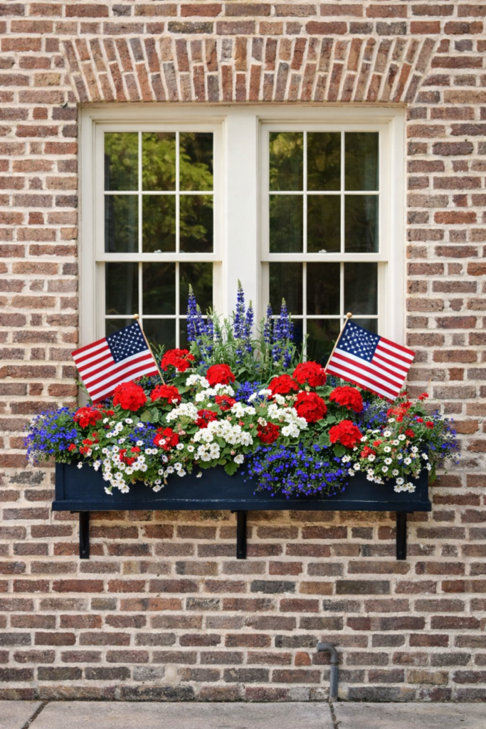 Classic Americana patriotic window box with red, white, and blue flowers beneath white windows on a brick home