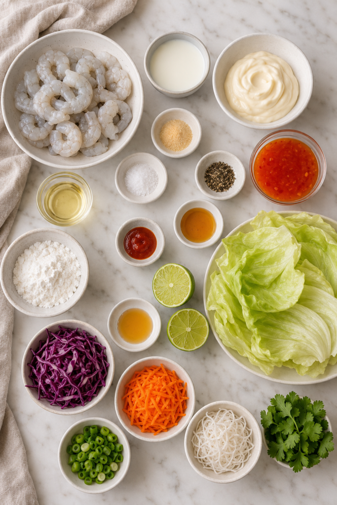 Ingredients for Copycat Bonefish Grill Bang Bang Shrimp Lettuce Wraps arranged on a white marble counter.