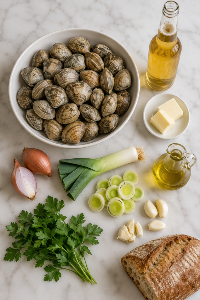 Ingredients for drunken clams including littleneck clams, beer, garlic, butter, shallots, leeks and parsley