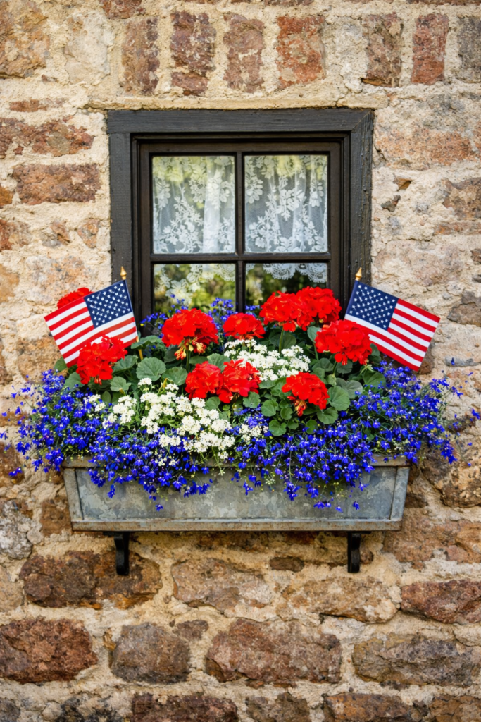 Patriotic red, white, and blue flower window box with geraniums and lobelia on a rustic stone cottage home