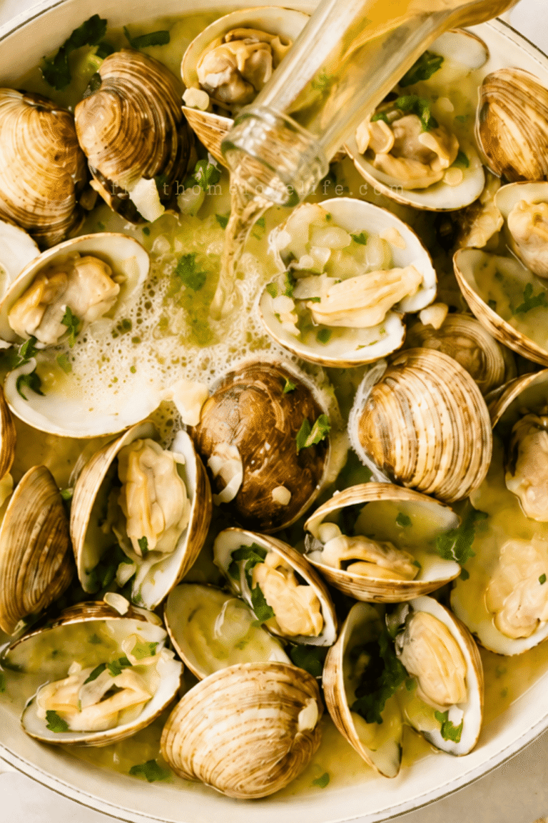 Pouring pale lager into littleneck clams with garlic and butter in a white enamel pan