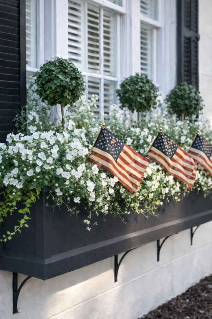 Vintage Americana window box with white flowers and tea-stained American flags tucked into a black planter
