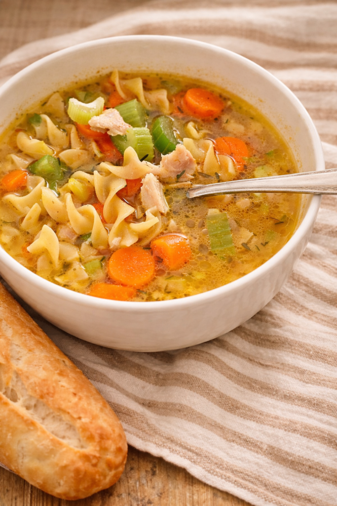 Close-up of homemade chicken noodle soup in a white bowl with egg noodles, carrots, celery, and shredded chicken in golden broth on a neutral linen background.