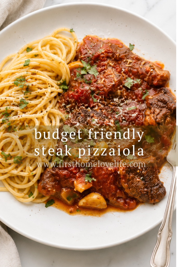 homemade steak pizzaiola with spaghetti, garlic tomato sauce, and chopped basil