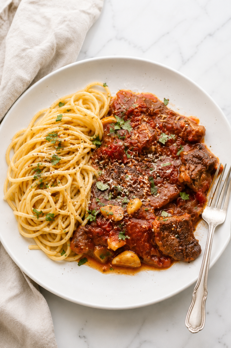 Tender steak pizzaiola in rich tomato sauce served with spaghetti