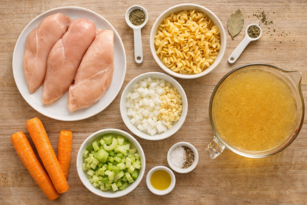 Flat lay of chicken noodle soup ingredients including raw chicken breasts, egg noodles, carrots, celery, onion, garlic, chicken broth, and seasonings on a neutral wood background.