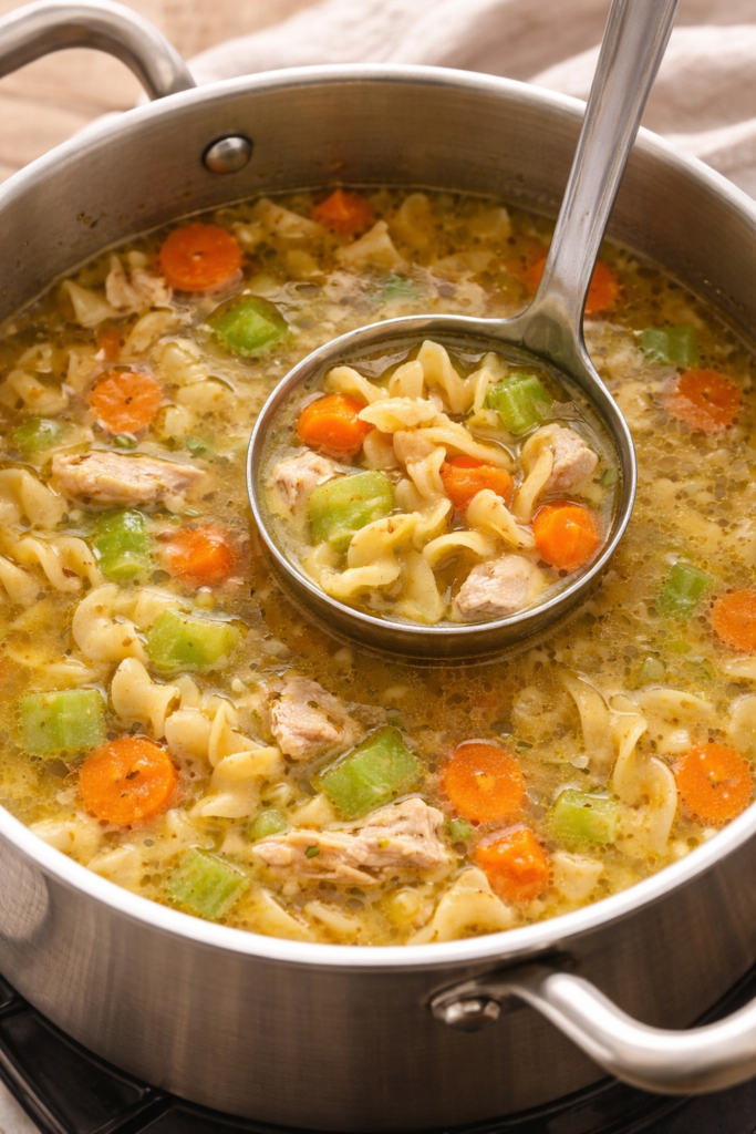 Homemade chicken noodle soup simmering in a stainless steel pot with egg noodles, carrots, celery, and shredded chicken in golden broth.