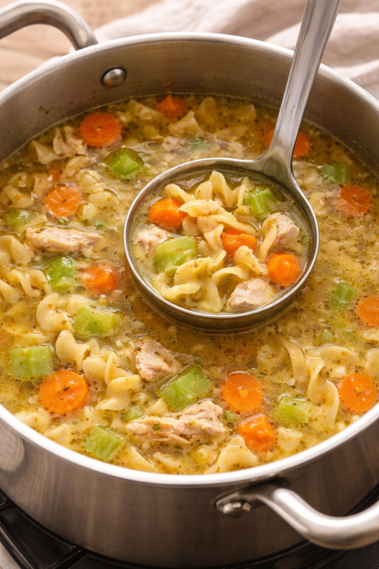Homemade chicken noodle soup simmering in a stainless steel pot with egg noodles, carrots, celery, and shredded chicken in golden broth.