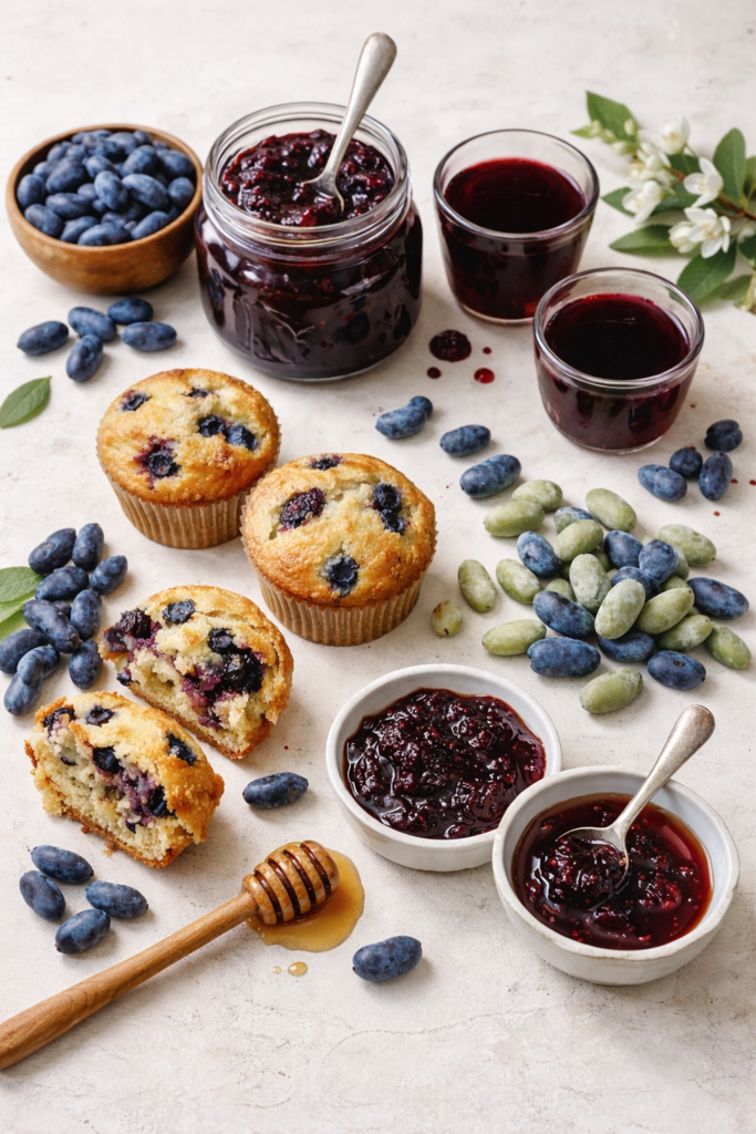 Vertical flat lay of fresh honeyberries with honeyberry jam, juice, and homemade muffins on a soft white background