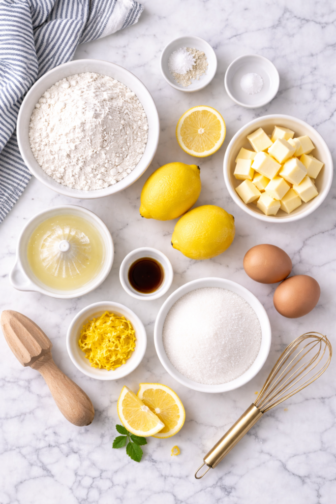 Flat lay of lemon sugar cookie ingredients on a white marble surface including fresh lemons, lemon zest, butter, sugar, eggs, flour, and vanilla.