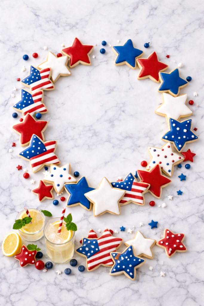 Patriotic red, white, and blue sugar cookie wreath arranged on a white marble background with loose star cookies and glasses of lemonade.