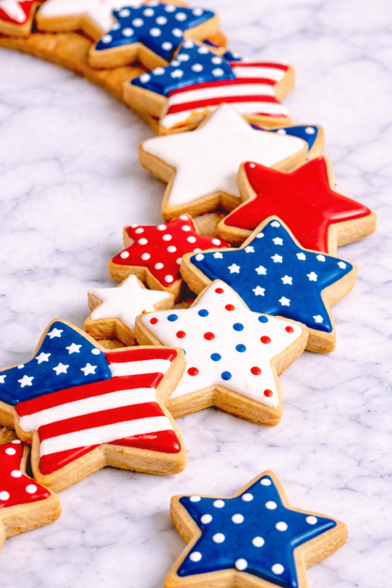 Close-up of patriotic red, white, and blue star-shaped sugar cookies decorated with simple stripes, stars, and polka dots on a marble surface.