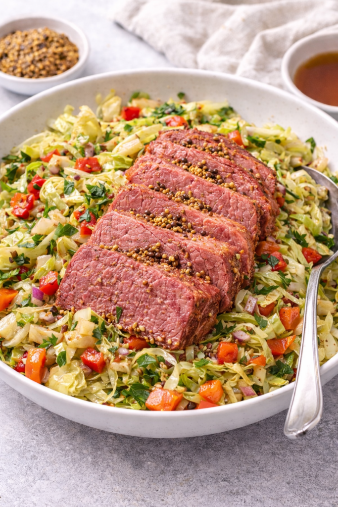 Sliced corned beef brisket served over warm mustard cabbage salad with red bell peppers, parsley, and whole-grain mustard dressing.