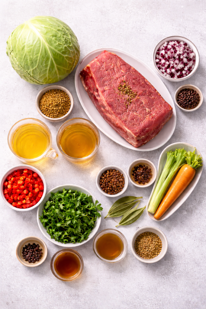 Flat lay of ingredients for slow cooker corned beef and cabbage salad including brisket, green cabbage, apple juice, mustard, carrots, celery, spices, and fresh herbs.