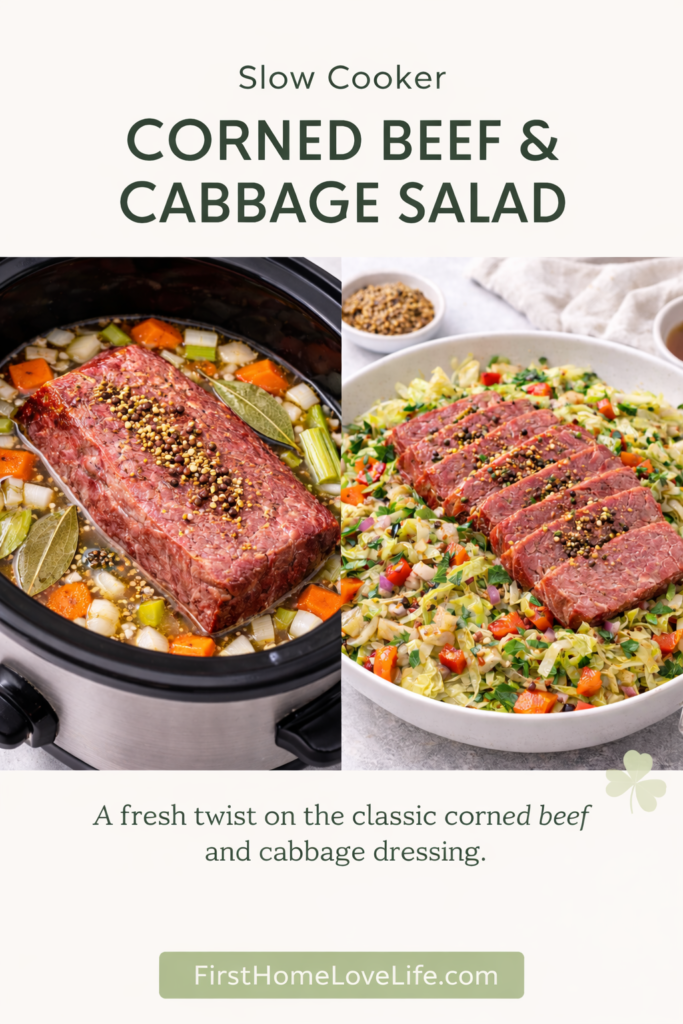 Pinterest graphic featuring slow cooker corned beef in a crockpot and sliced corned beef served over warm mustard cabbage salad with FirstHomeLoveLife.com branding.