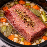 Corned beef brisket cooking in a slow cooker with carrots, celery, onions, bay leaves, and pickling spices in broth.